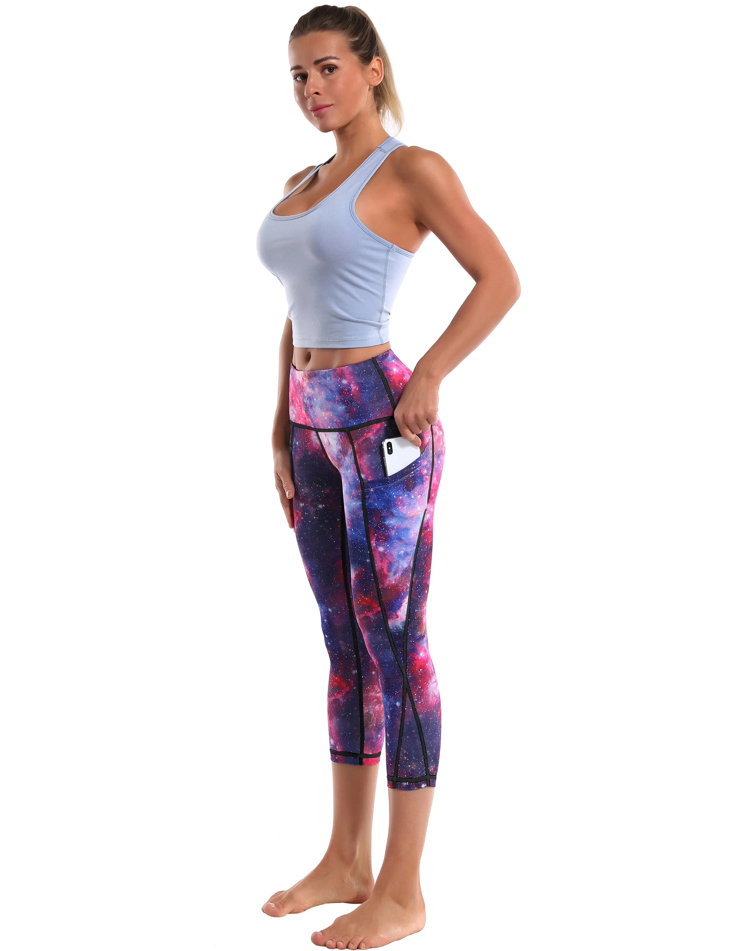 19" High Waist Printed Side Pockets Capris galaxy