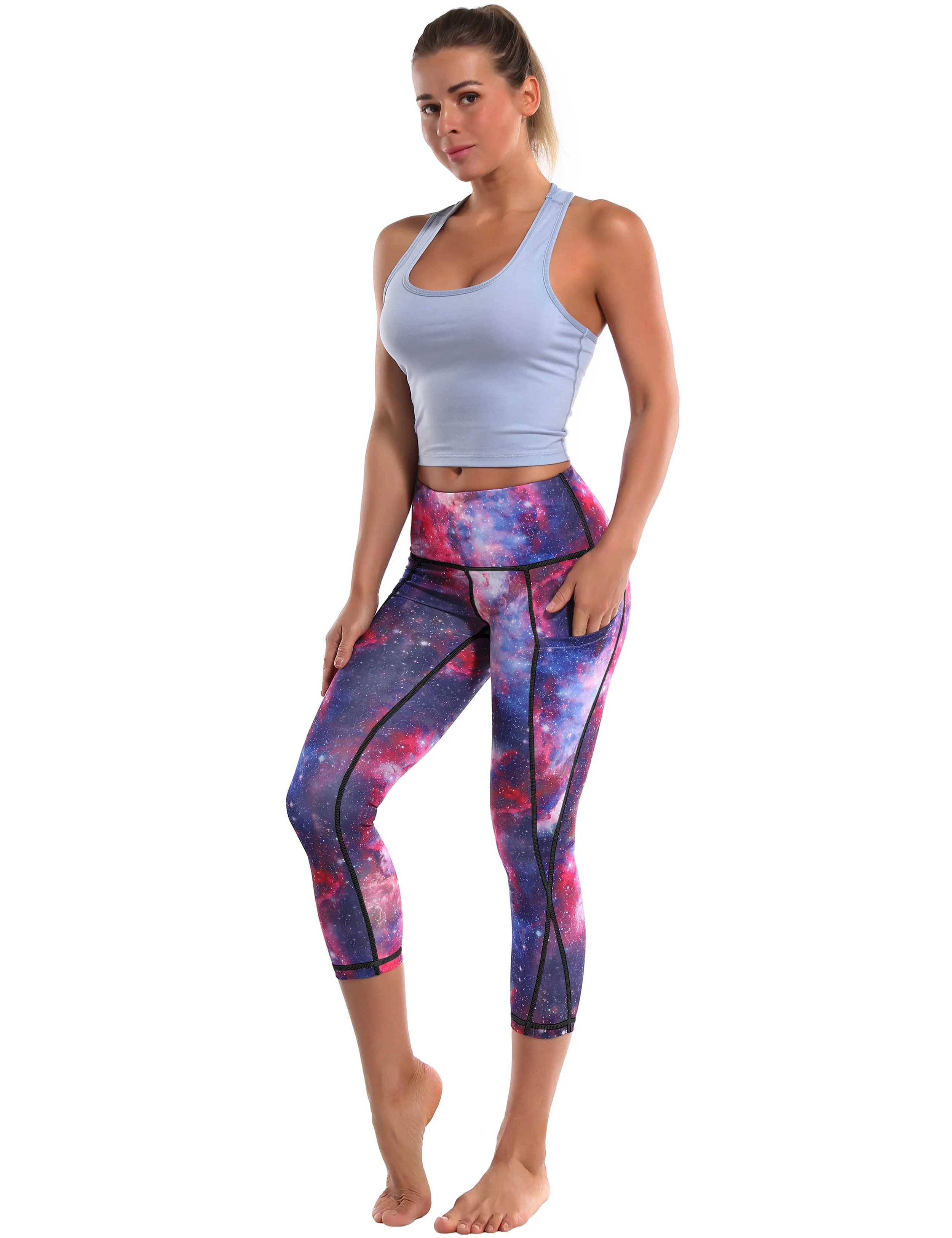 19" High Waist Printed Side Pockets Capris galaxy