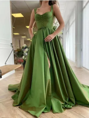 2021 Popular A Line Prom Dresses, Slit Satin Long Prom Dresses, Newest Evening Dresses