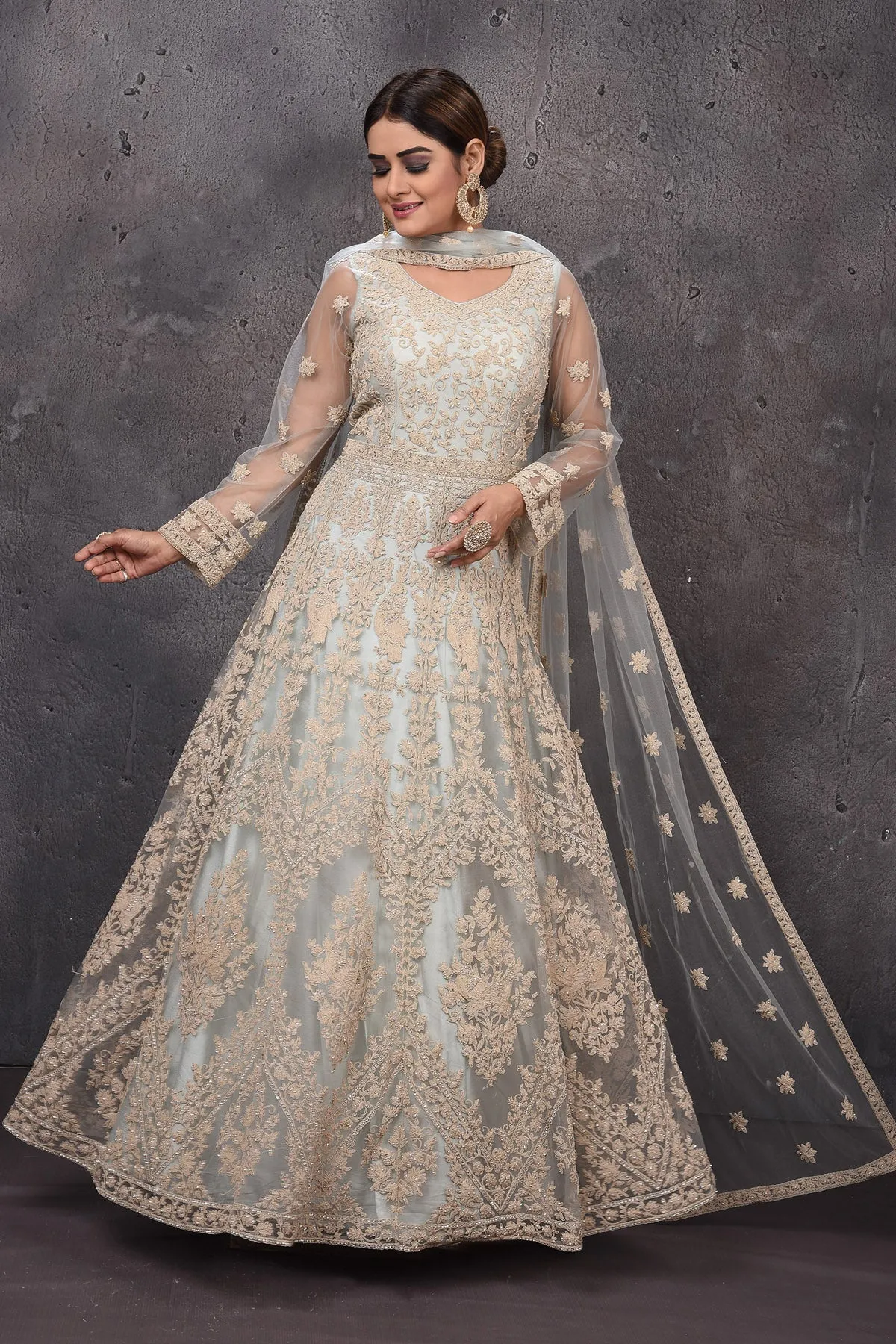 502826 Powder Blue Embroidered Anarkali Suit with Dupatta