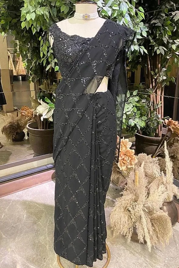 91A290 Black Sequinned Embroidered Saree