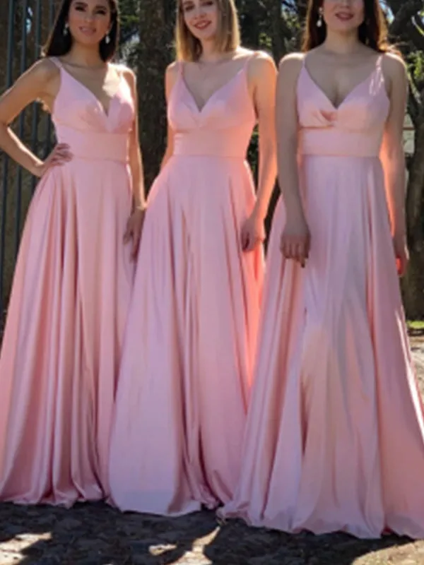 A-line Pink Spaghetti Straps Elegant Formal Long Bridesmaid Dresses BD030