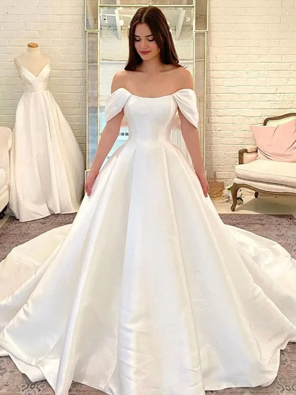 A-line Satin Off the Shoulder Princess Beach Dream Vintage Long Wedding Dresses WD545