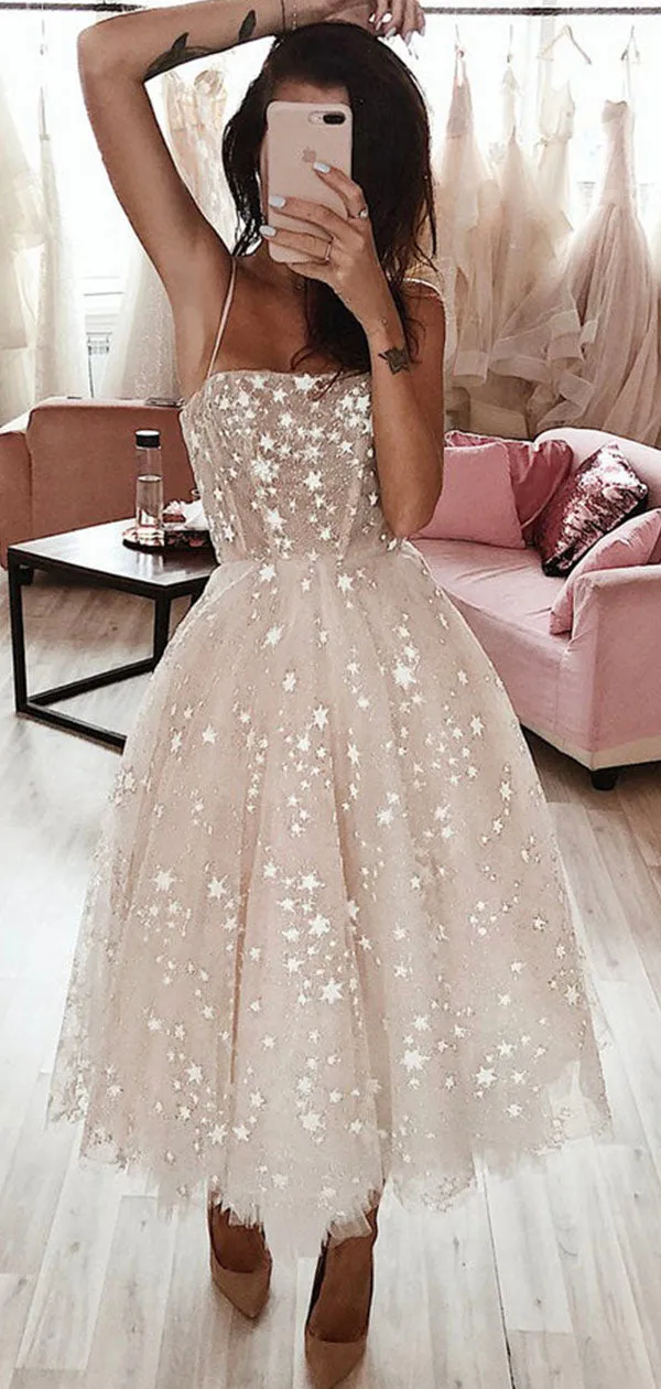 A-line Short Spaghetti Straps Unique Modest Prom Dresses, Homecoming Dress PD311