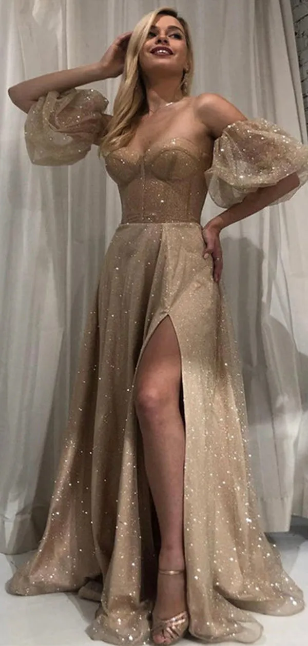 A-line Sparkly Sequin Modest Party Formal Long Evening Prom Dresses PD282