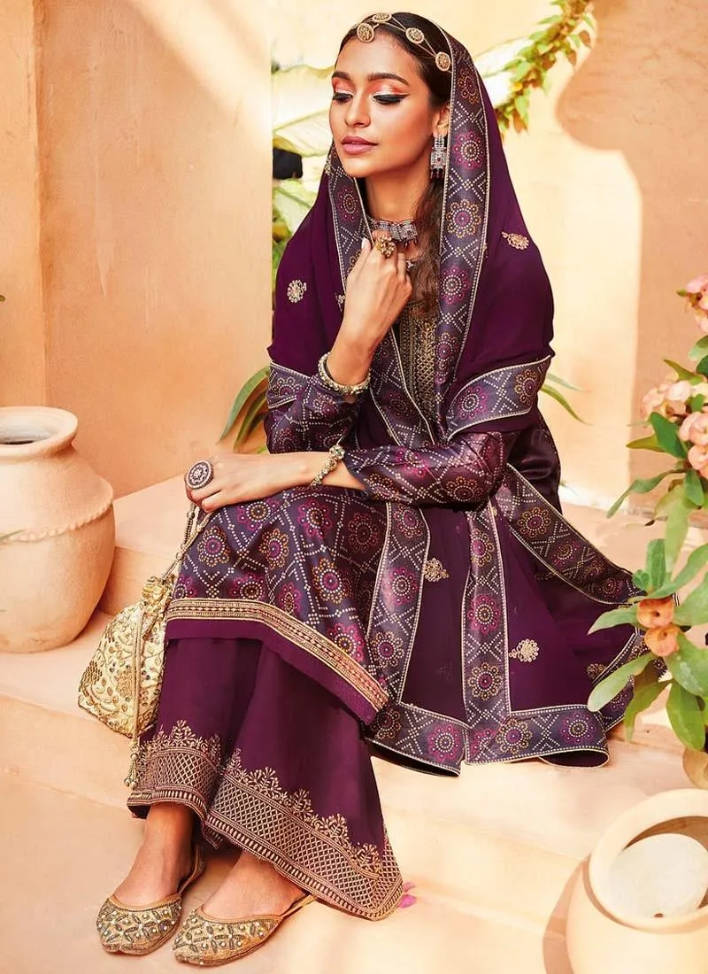 Admirable Purple Color Satin Base Zari Work Printed Palazzo Salwar Suit