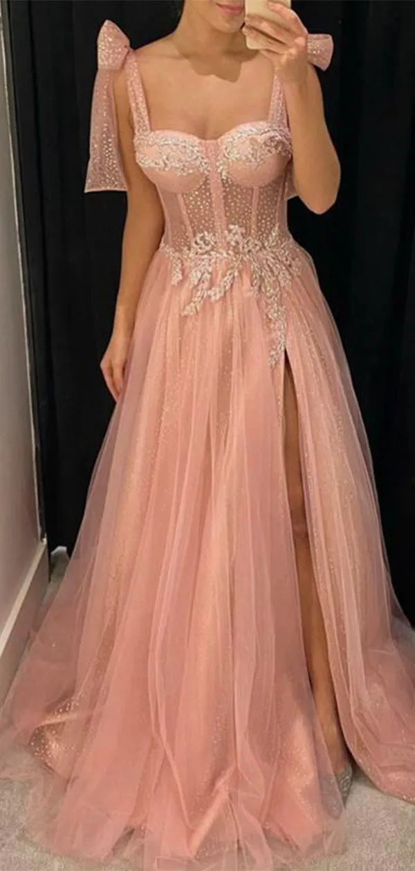 Aline Pink Modest Sleeveless Long Prom Dresses, Evening Dress with Split PD202