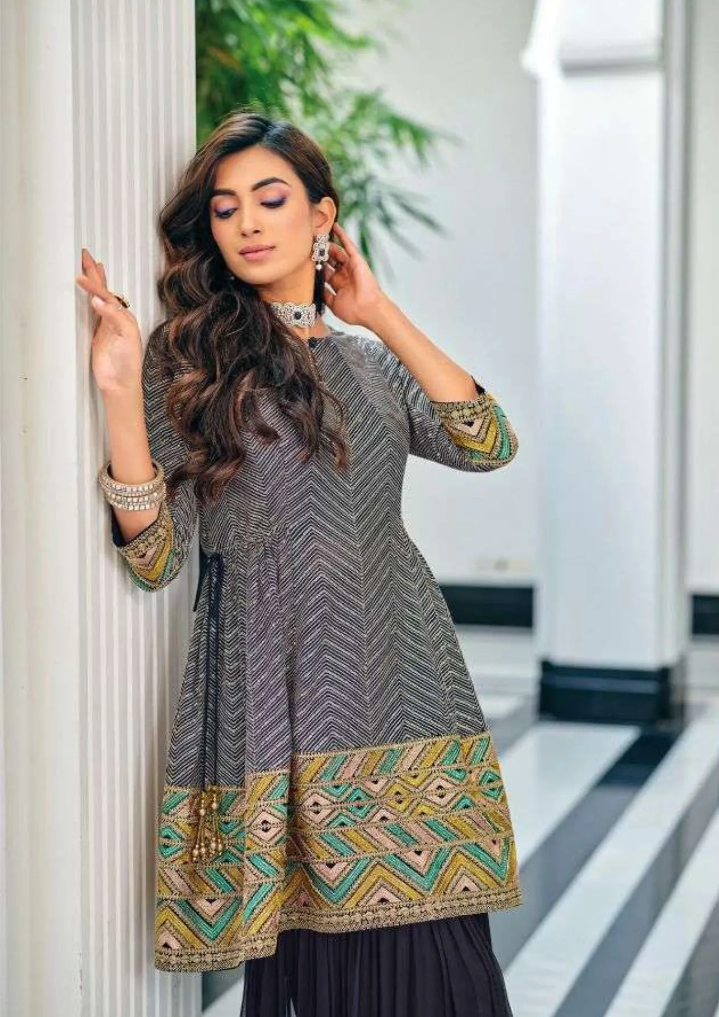 Alluring Blue And Grey Color Embroidery Work Kurti Suits With Palazzo Pants