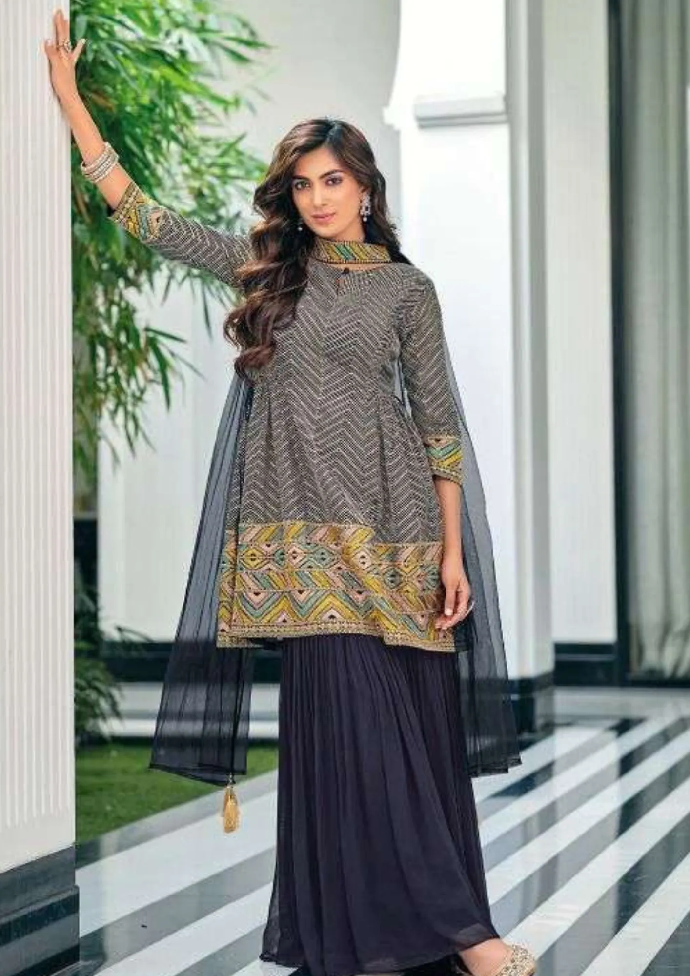 Alluring Blue And Grey Color Embroidery Work Kurti Suits With Palazzo Pants