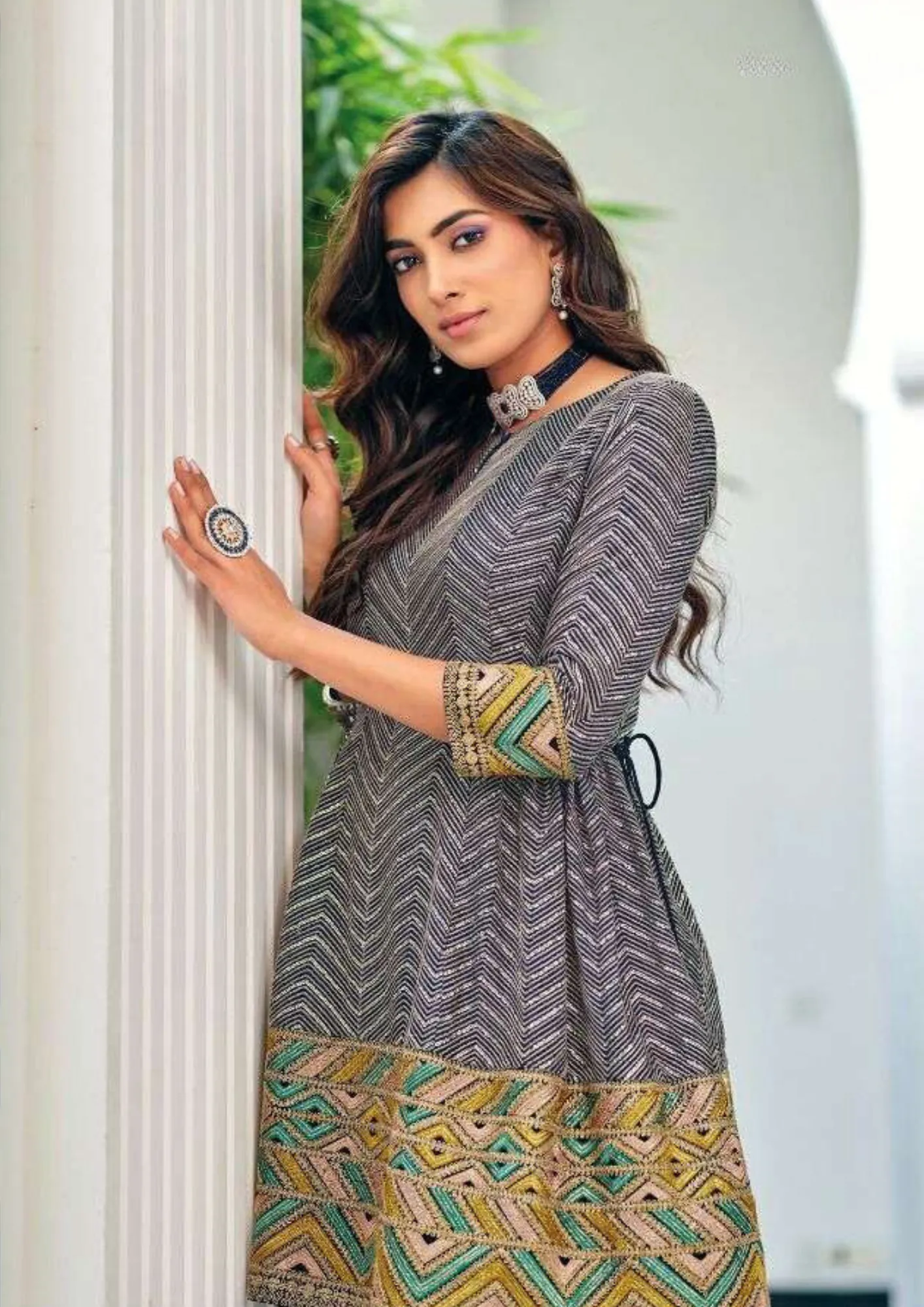 Alluring Blue And Grey Color Embroidery Work Kurti Suits With Palazzo Pants