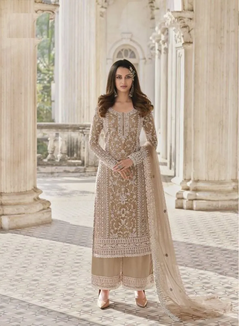 Alluring Champagne Color Embroidered Net Beautiful Palazzo Suit