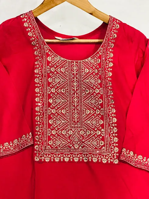 Amazing Red Color Embroidery Work Kurti For Women