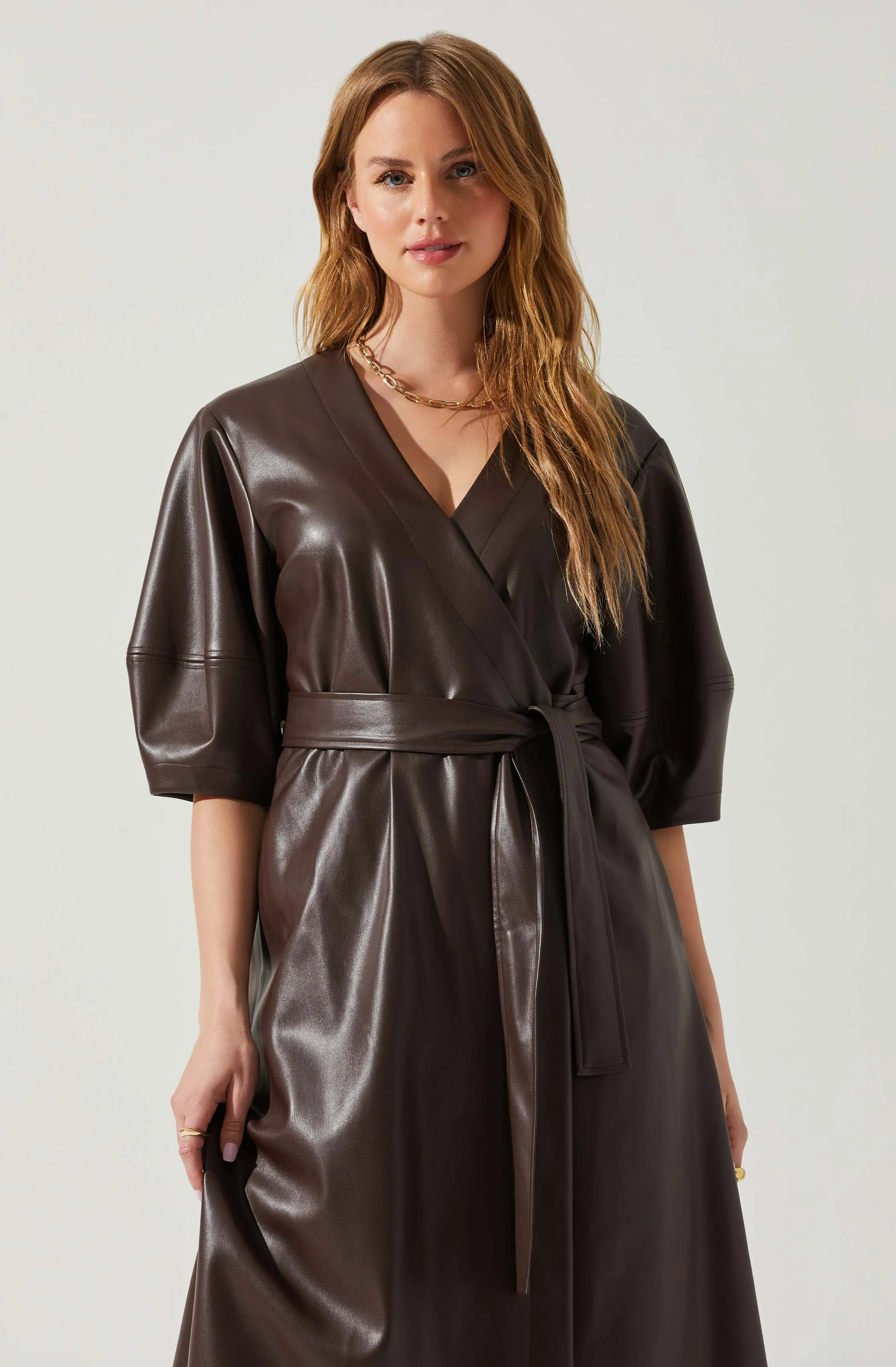 Angie Faux Leather Tie Waist Midi Dress