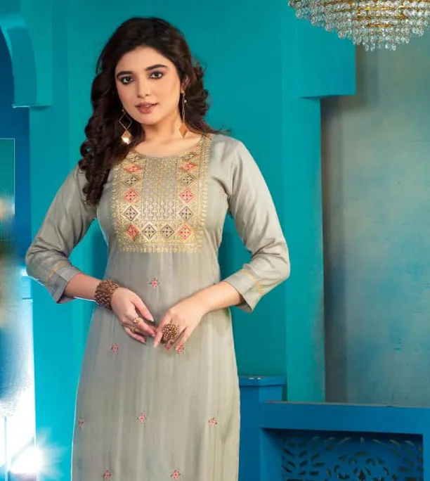 Appealing Grey Colored A - Line Kurti With Computer Dori Sequence Embroidery Work For Women