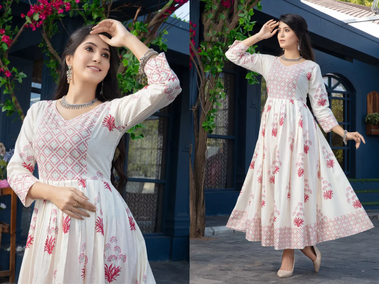 Appealing Pink Floral Cambric Printed Cotton Gown