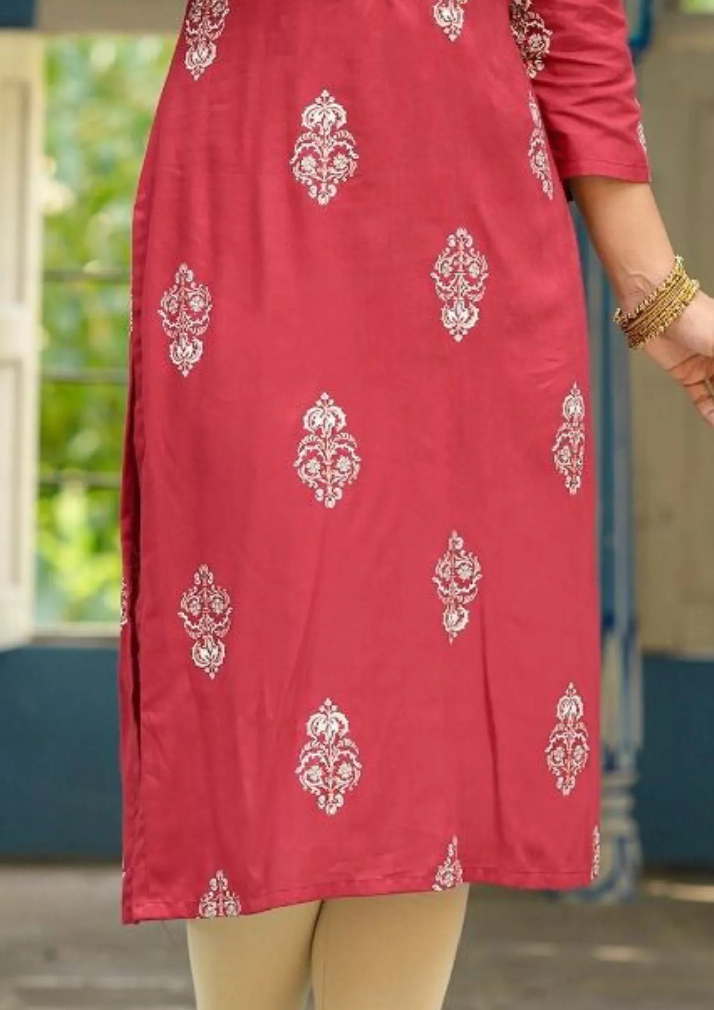 Appealing Red Color Designer Gold print Rayon Kurti With Fancy Embroidery Work