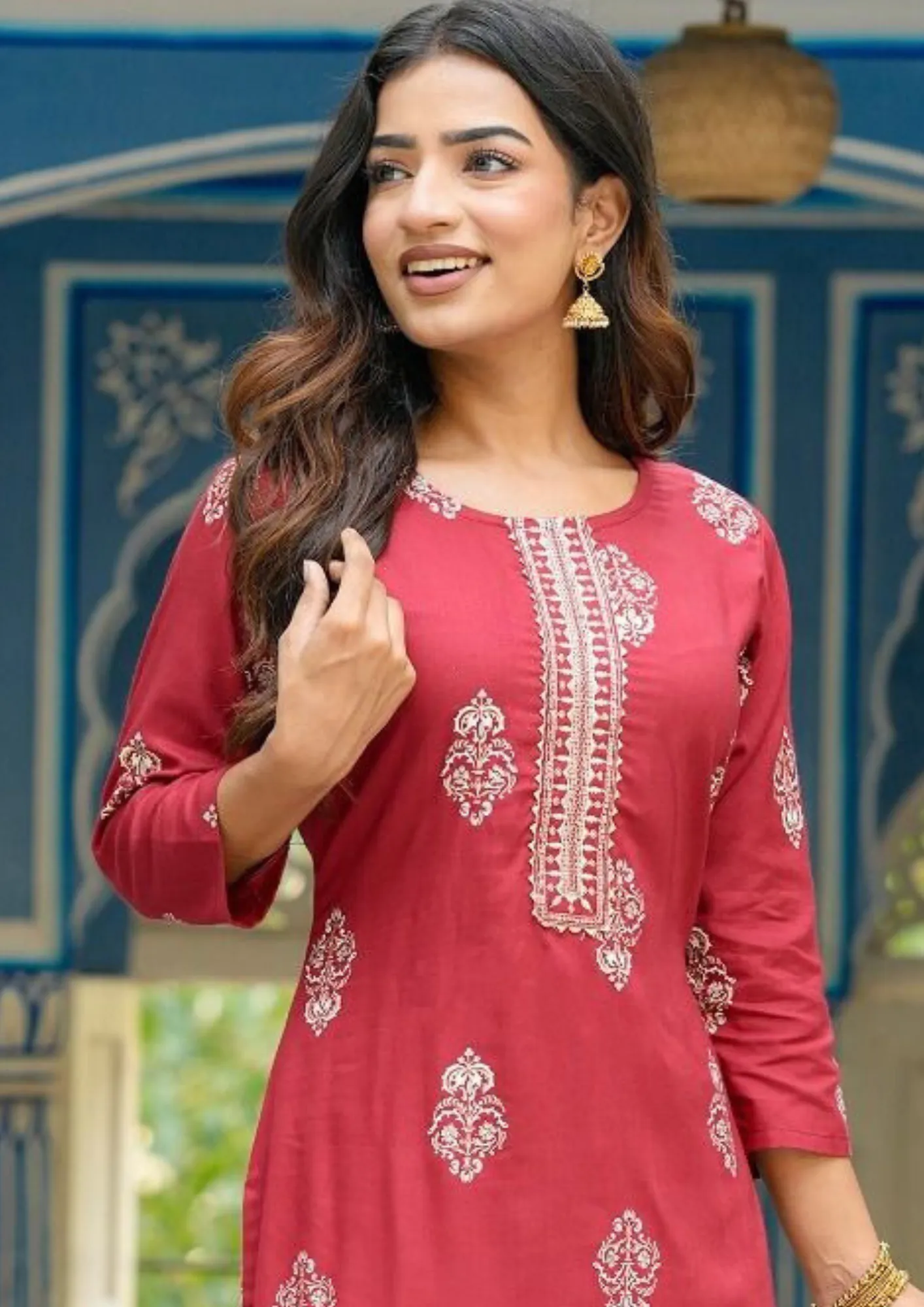 Appealing Red Color Designer Gold print Rayon Kurti With Fancy Embroidery Work