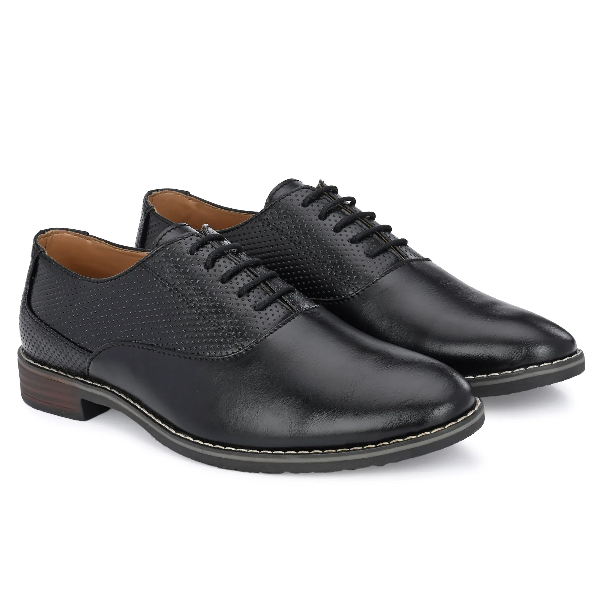 Attitudist Unisex Handcrafted Oxford Black Formal Laceup Derby Shoes With Dotted Texture