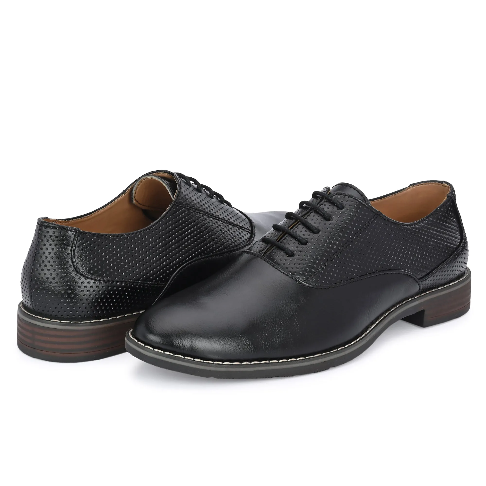 Attitudist Unisex Handcrafted Oxford Black Formal Laceup Derby Shoes With Dotted Texture