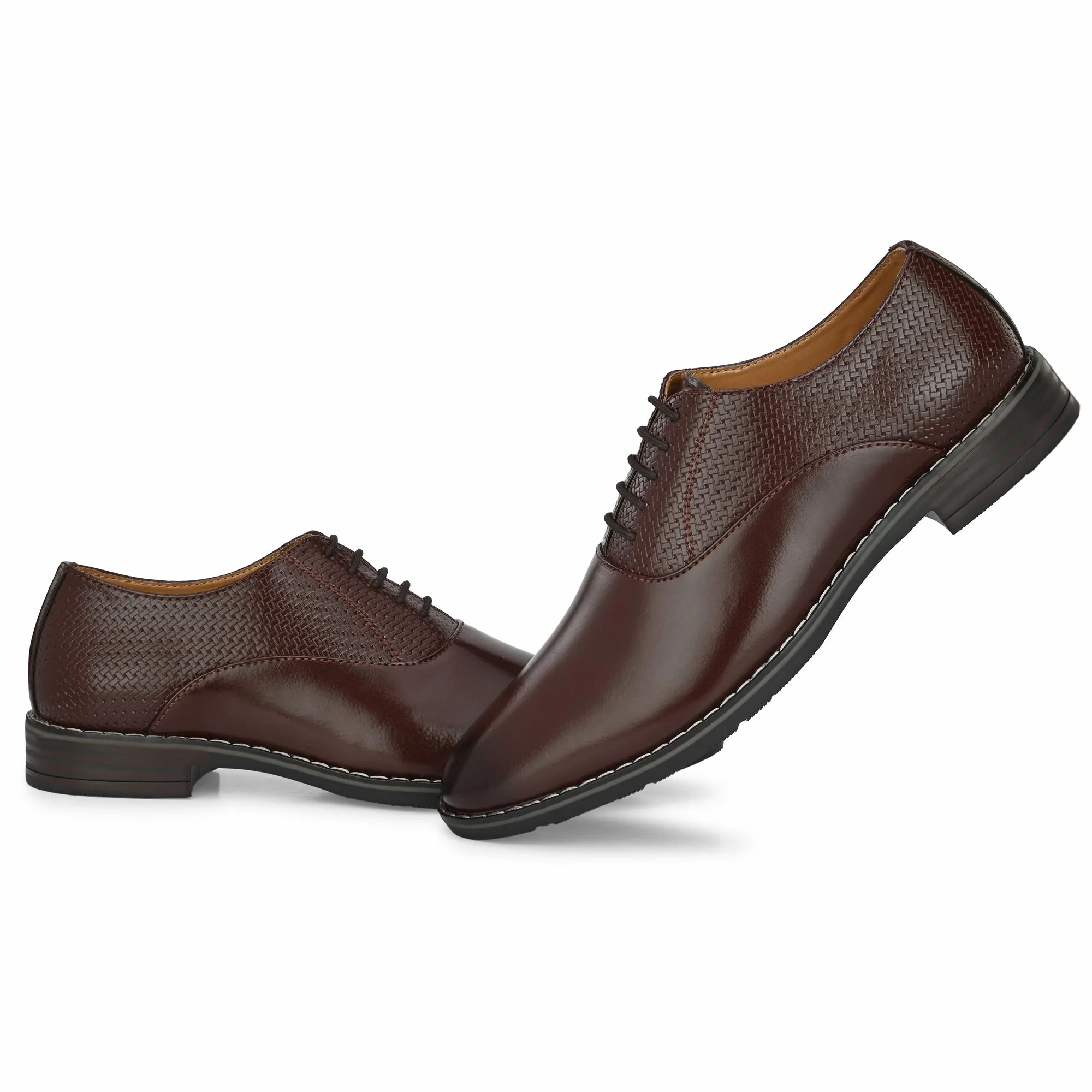 Attitudist Unisex Handcrafted Oxford Glossy Brown Laceup Derby Shoes With Semi Chatai Design