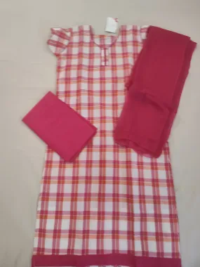 Attractive Pink And White Color Checkered Kurti Set With Bottom And Dupatta