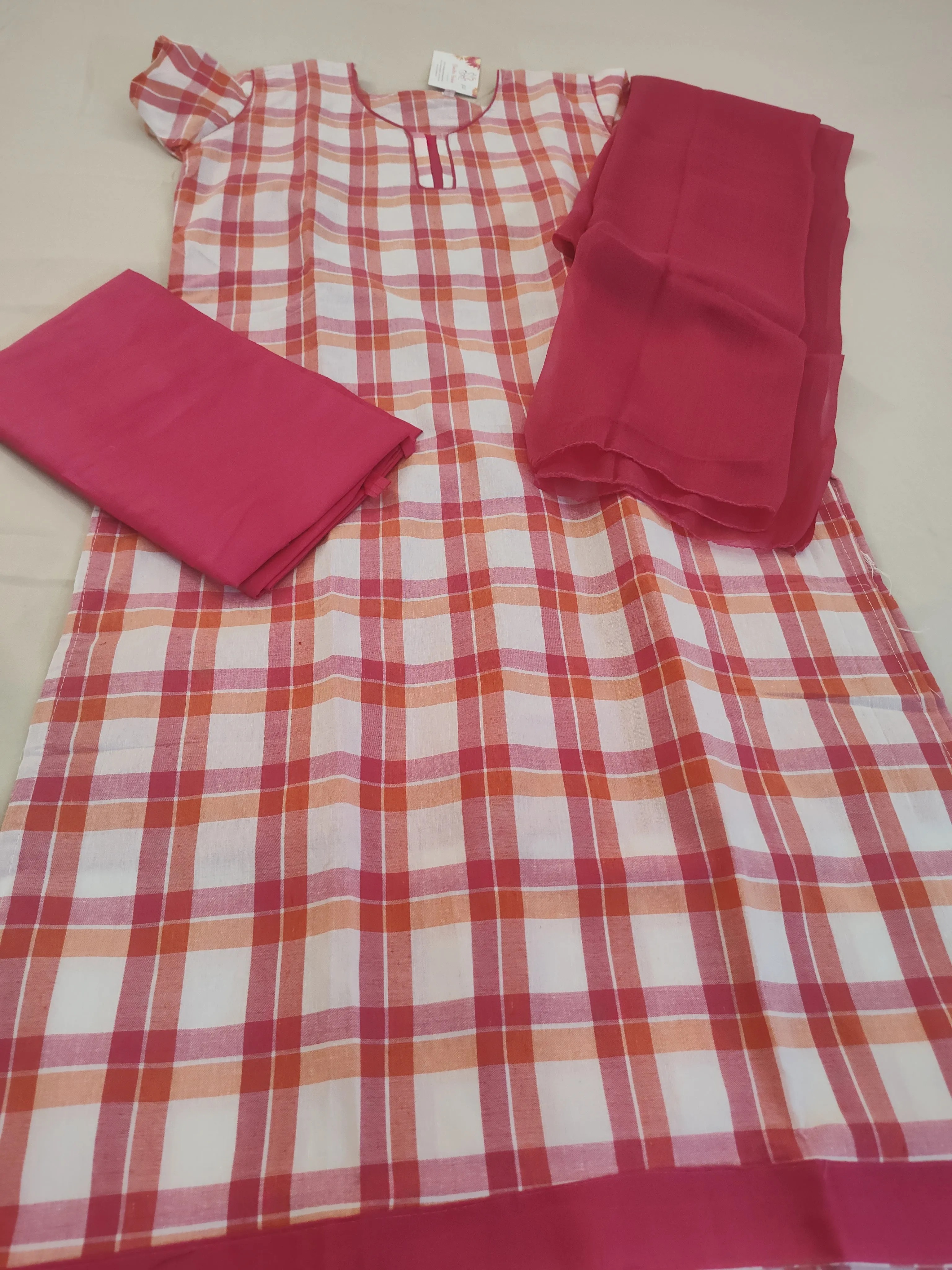 Attractive Pink And White Color Checkered Kurti Set With Bottom And Dupatta