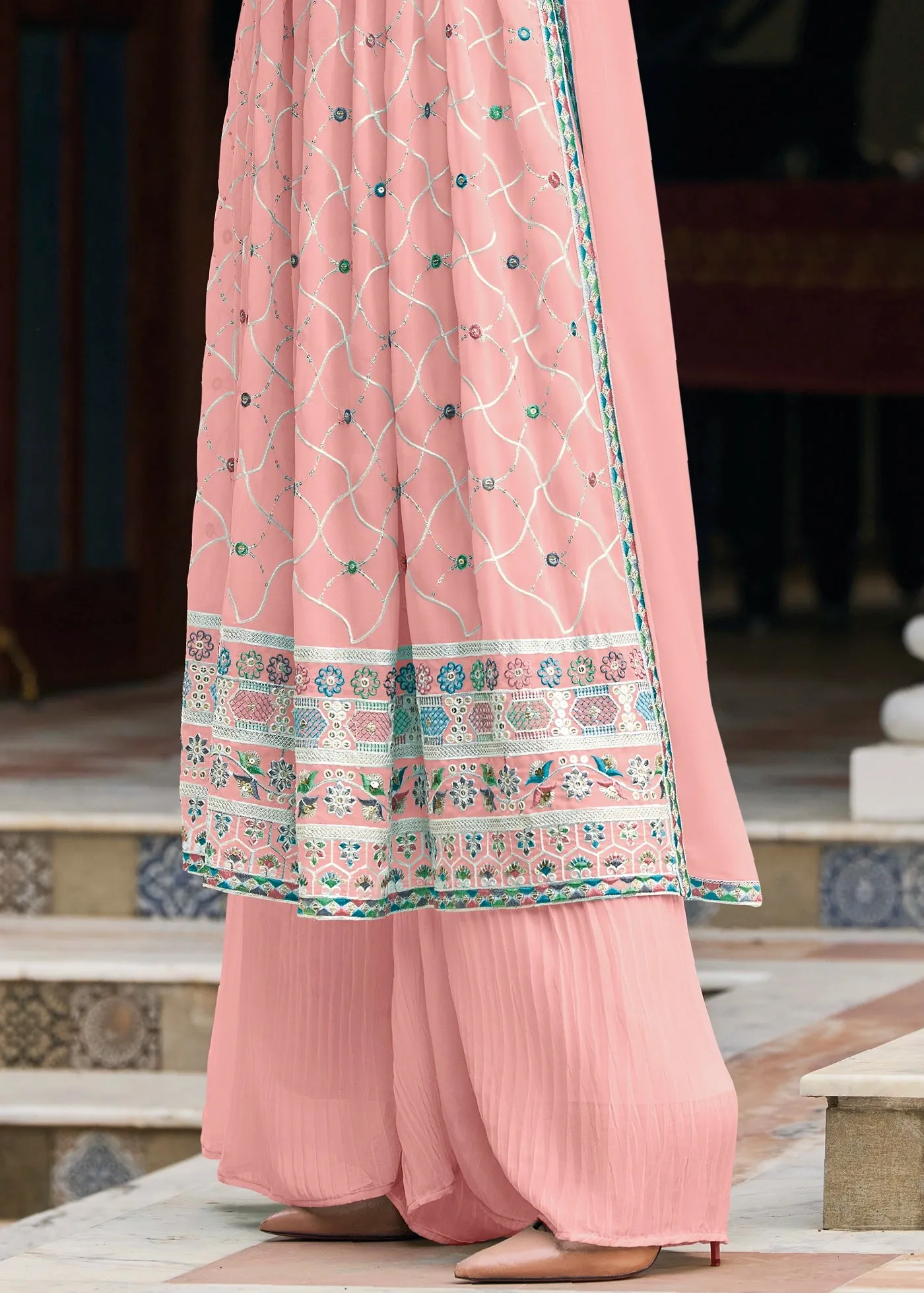 Beautiful Light Pink Colored Heavy Embroidery Georgette Palazzo Suit