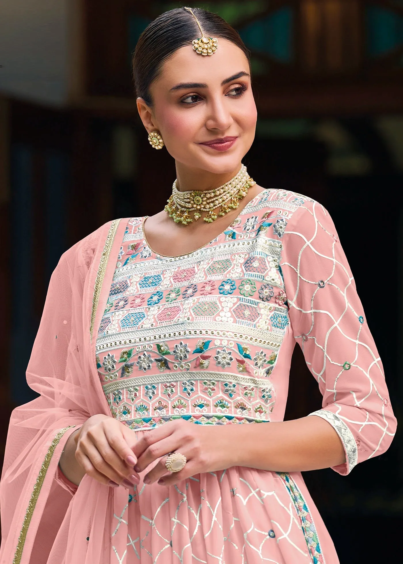 Beautiful Light Pink Colored Heavy Embroidery Georgette Palazzo Suit