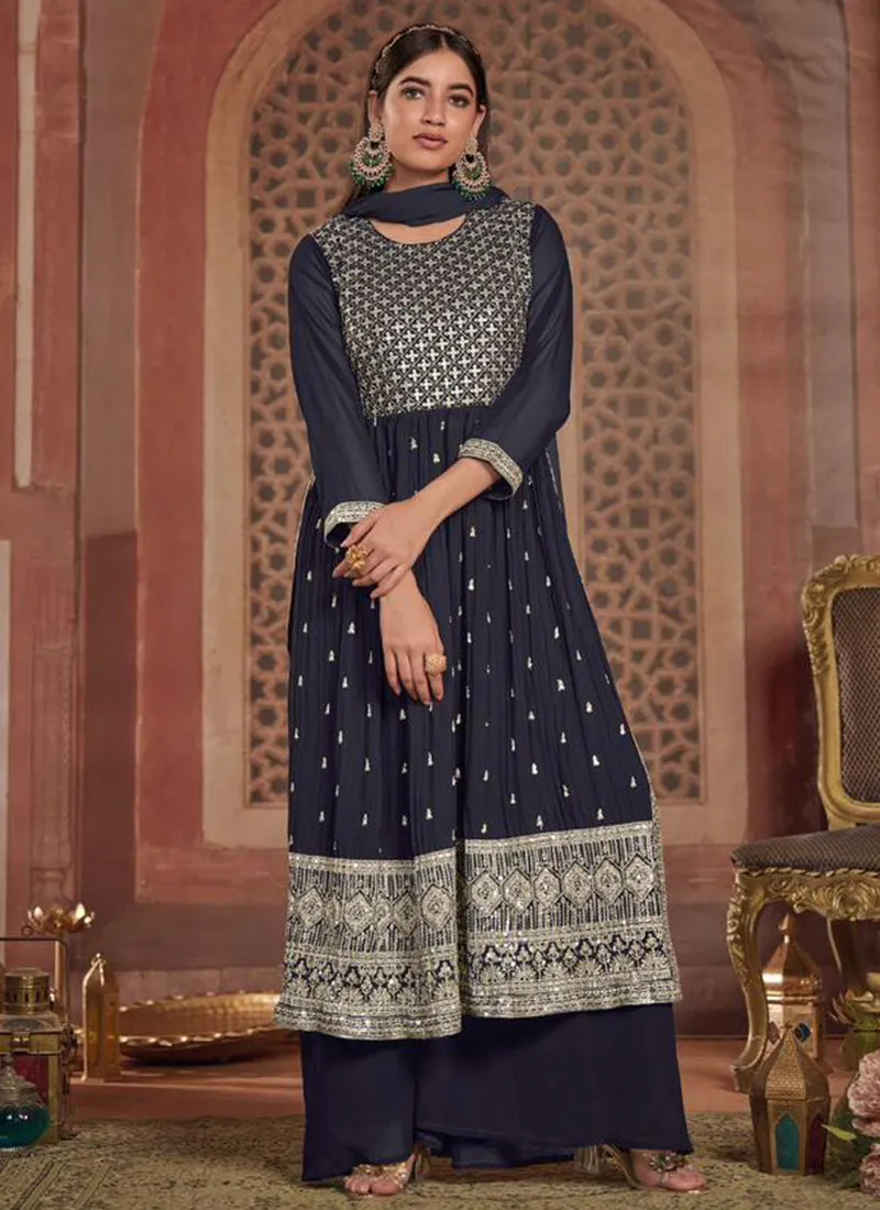 Beautiful Navy blue Georgette Embroidery Designer Palazzo Suits For Women