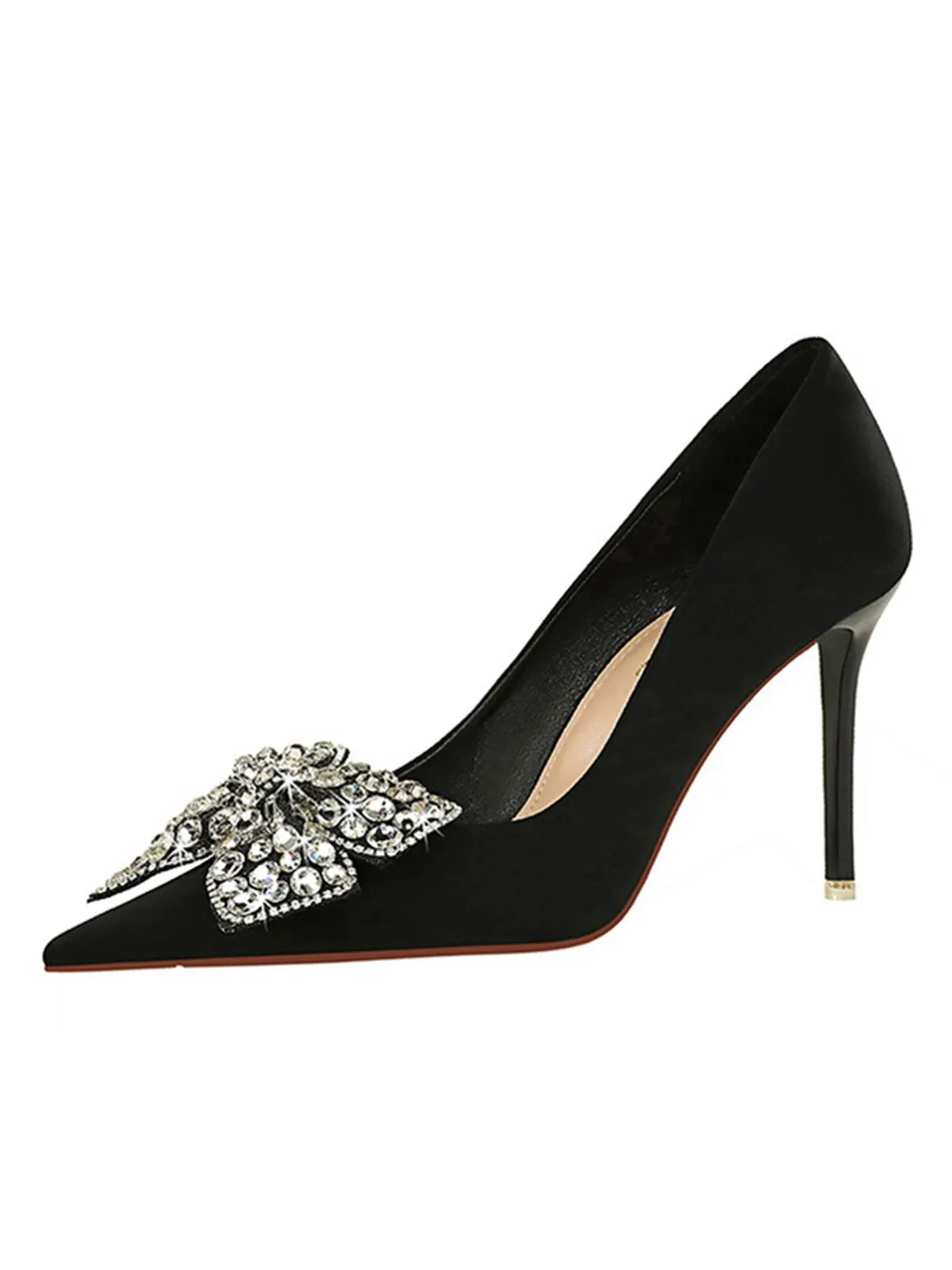 Black Rhinestone Satin Pointed Toe Stiletto Heels