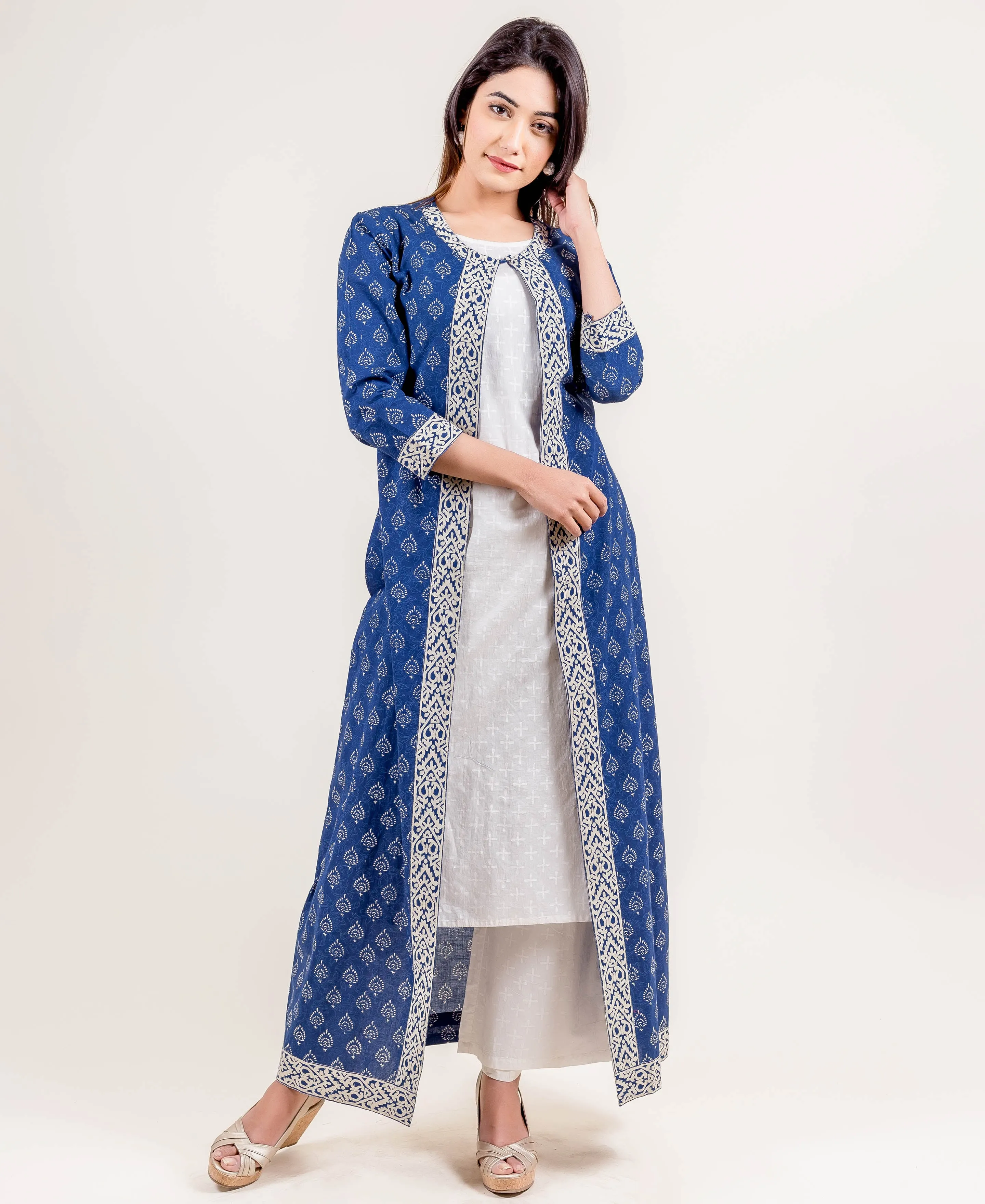 Blue Hand Block Printed Indo Western Dress