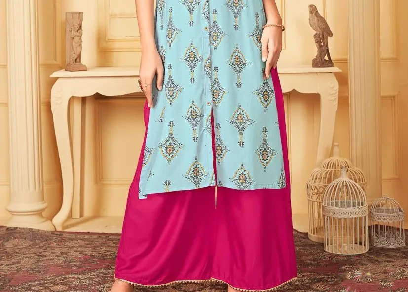 Breezing Light Blue Mandarin Collared Slub Rayon Kurti With Pink Palazzo Pants