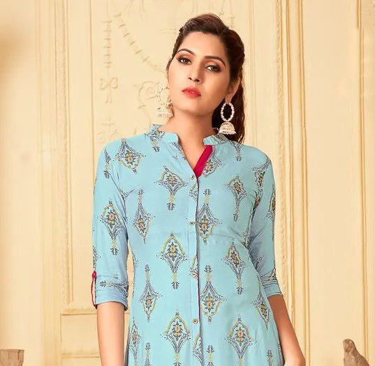 Breezing Light Blue Mandarin Collared Slub Rayon Kurti With Pink Palazzo Pants