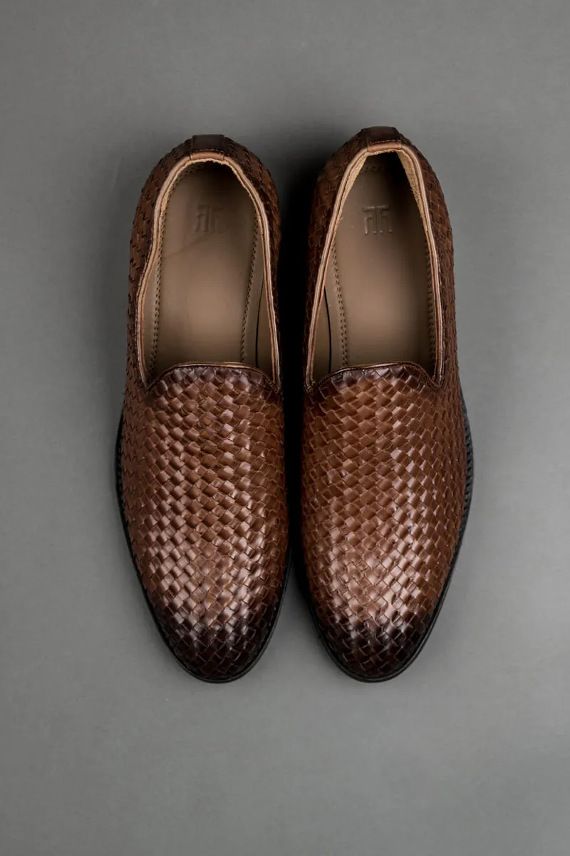 Brown Woven Patterned Leather Shoes