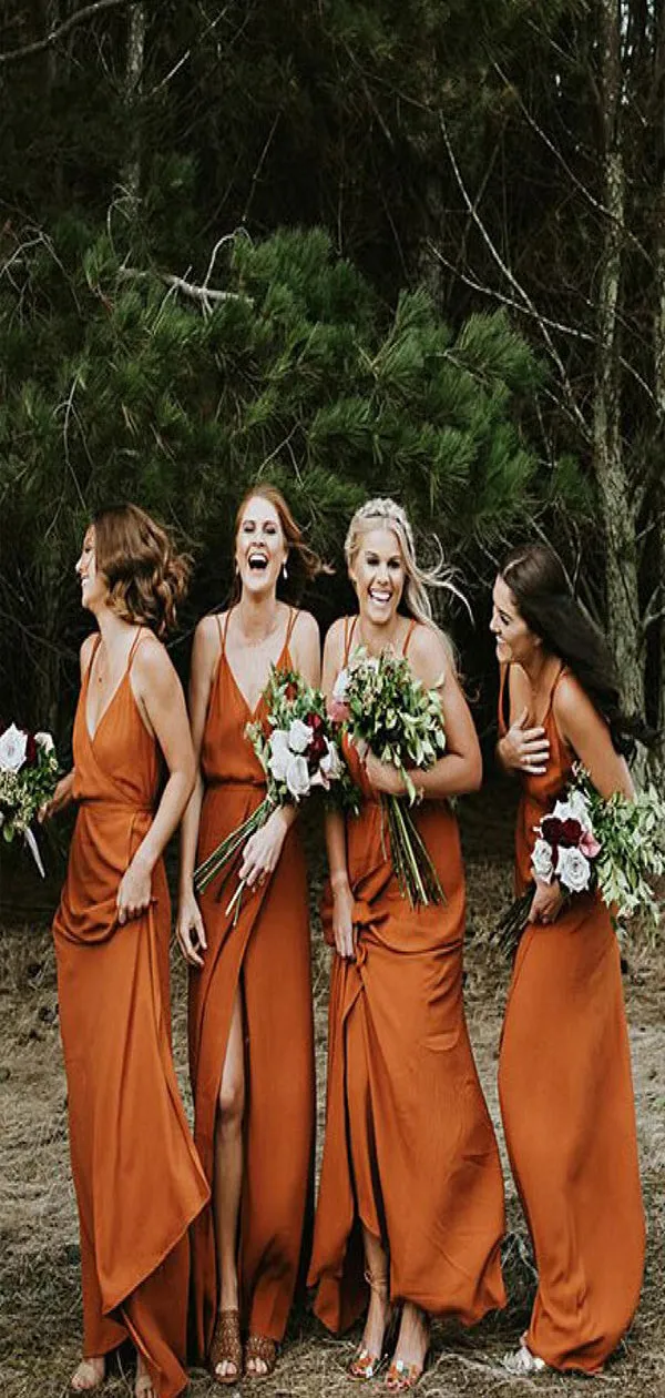 Burnt Orange Spaghetti Straps Open Back Bridesmaid Dresses With Split BD022