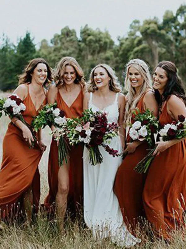 Burnt Orange Spaghetti Straps Open Back Bridesmaid Dresses With Split BD022