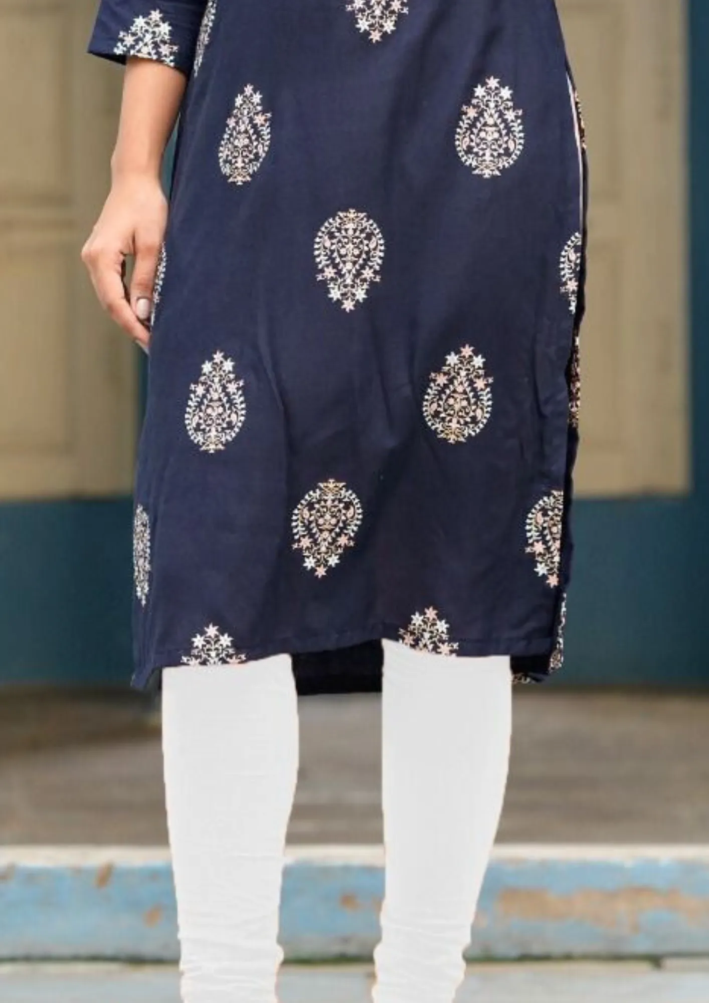 Charming Dark Blue Colored Rayon Gold print Kurti With Fancy Embroidery Work