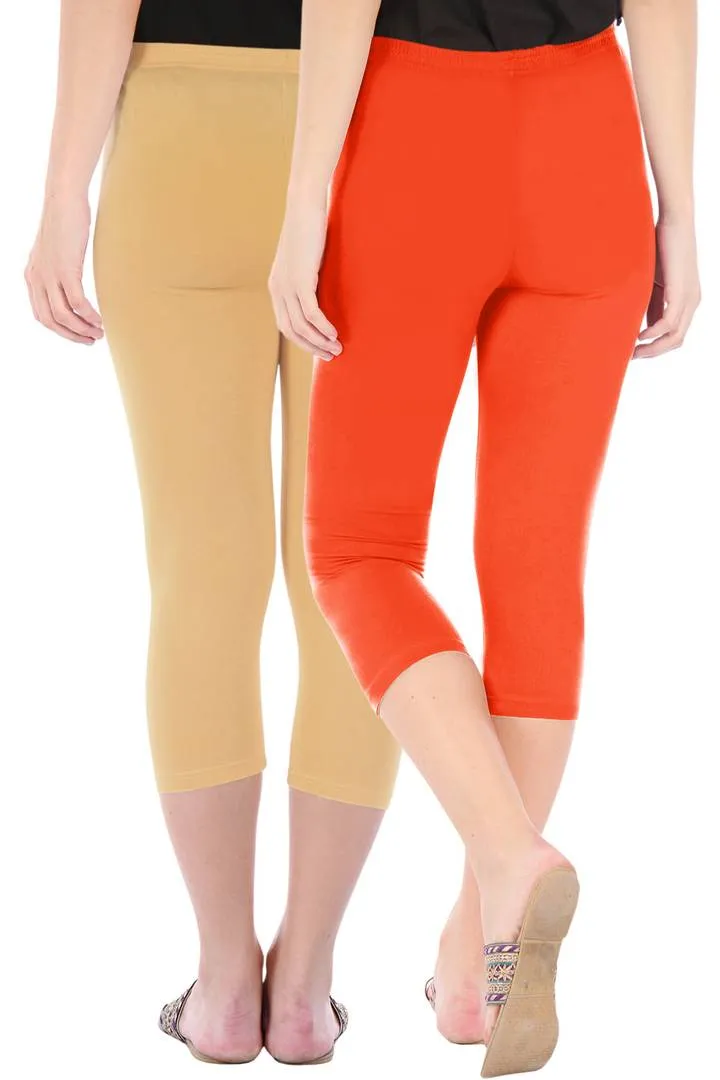 Combo Pack Of 2 Skinny Fit 3/4 Capris Leggings For Women Dark Skin Flame Orange