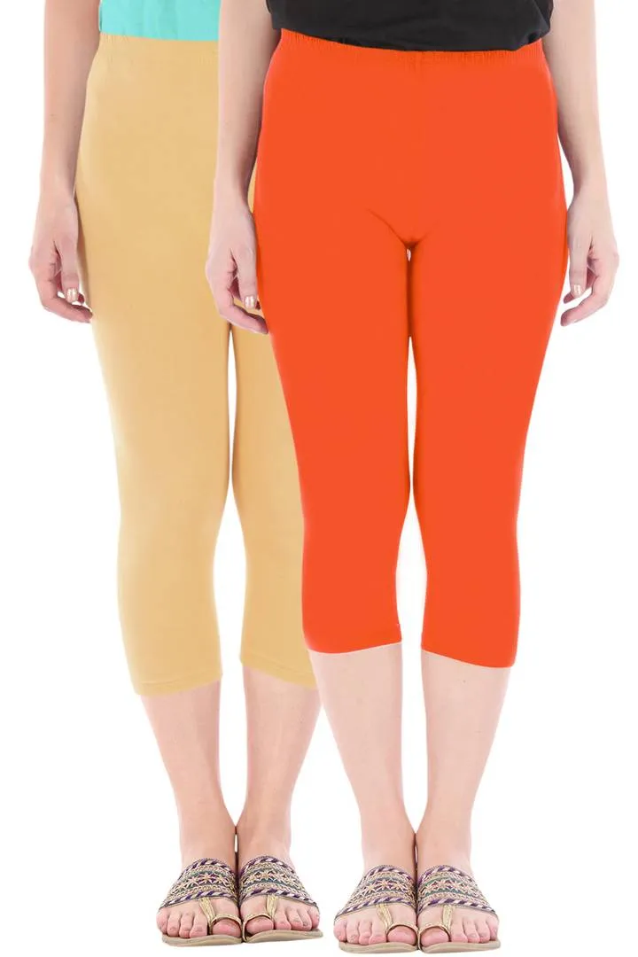 Combo Pack Of 2 Skinny Fit 3/4 Capris Leggings For Women Dark Skin Flame Orange