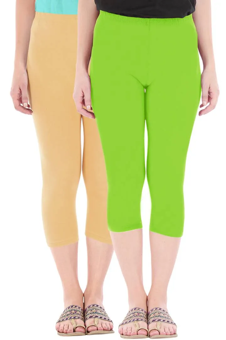 Combo Pack Of 2 Skinny Fit 3/4 Capris Leggings For Women Dark Skin Merin Green