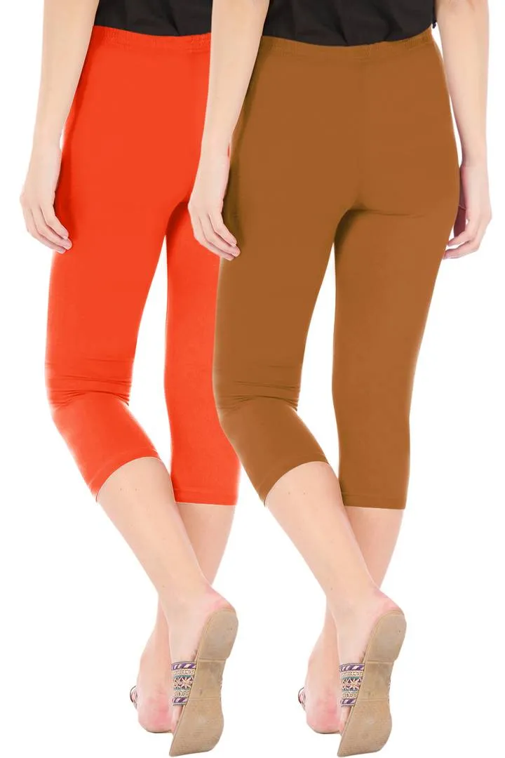 Combo Pack of 2 Skinny Fit 3/4 Capris Leggings for Women Flame Orange Khaki