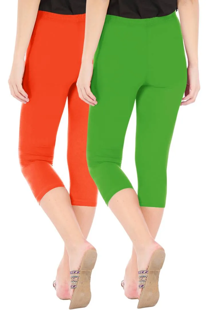 Combo Pack of 2 Skinny Fit 3/4 Capris Leggings for Women Flame Orange Parrot Green