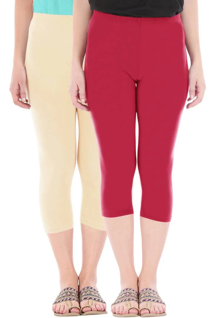 Combo Pack Of 2 Skinny Fit 3/4 Capris Leggings For Women Light Skin Tomato Red