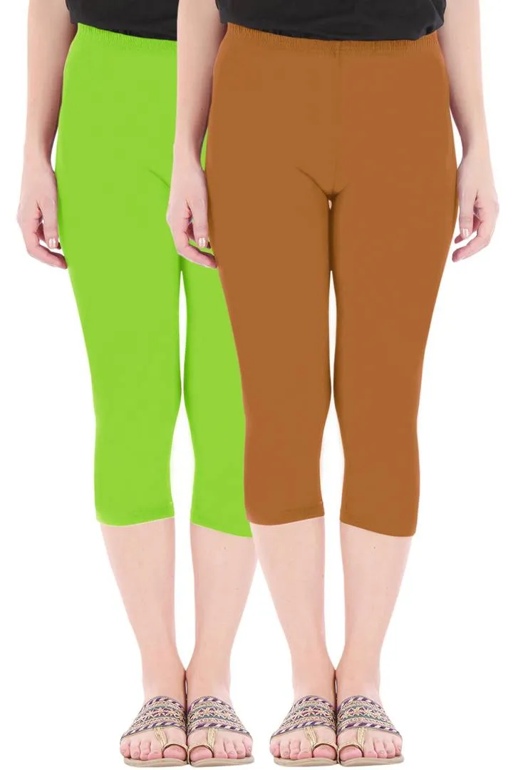 Combo Pack of 2 Skinny Fit 3/4 Capris Leggings for Women Merin Green Khaki