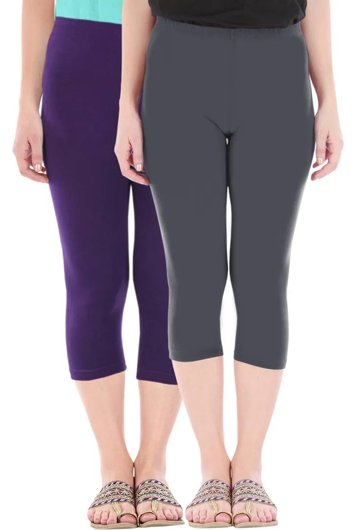 Combo Pack Of 2 Skinny Fit 3/4 Capris Leggings For Women Purple Grey