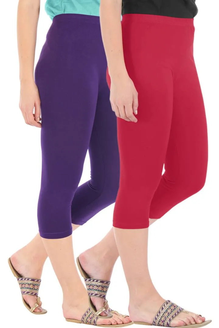 Combo Pack Of 2 Skinny Fit 3/4 Capris Leggings For Women Purple Tomato Red