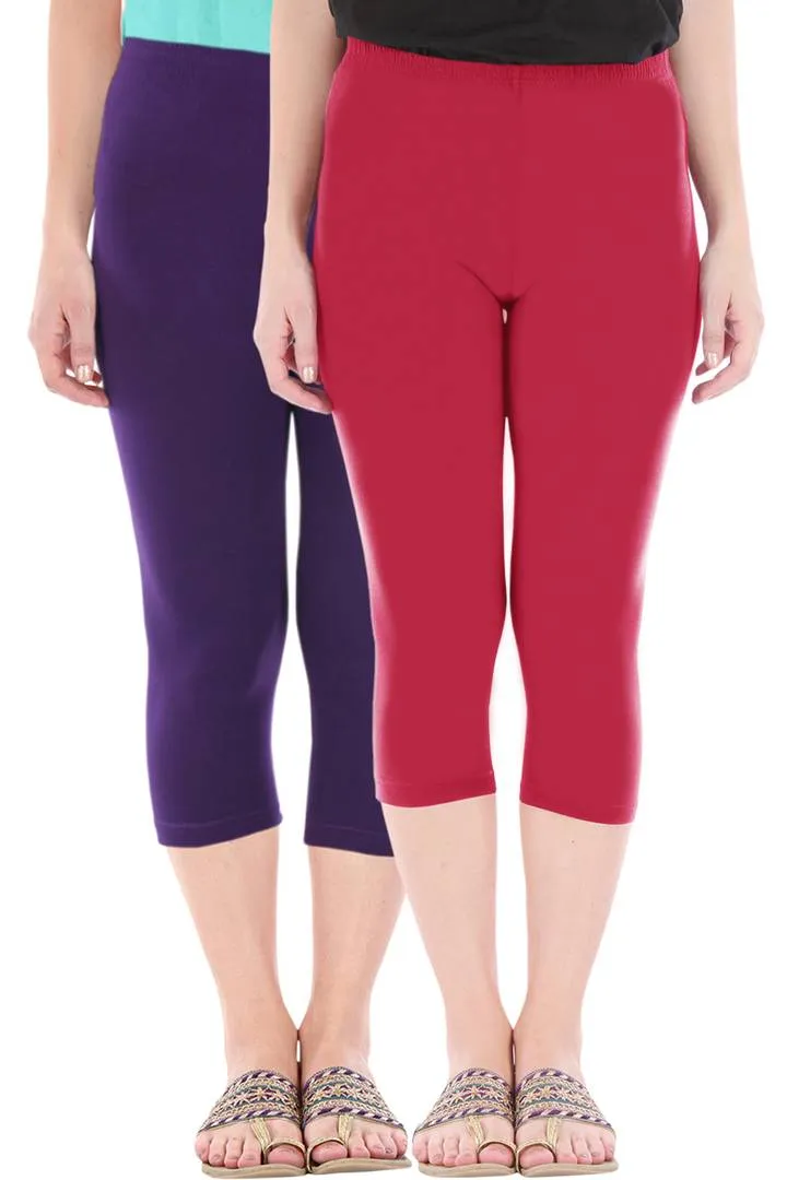 Combo Pack Of 2 Skinny Fit 3/4 Capris Leggings For Women Purple Tomato Red