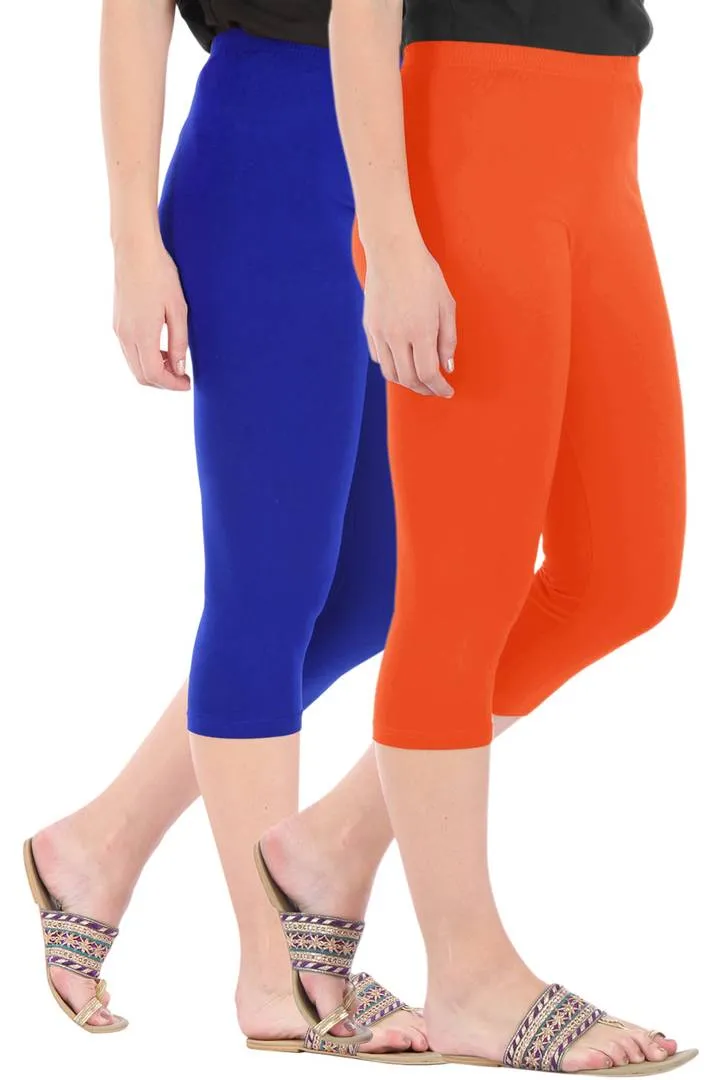 Combo Pack Of 2 Skinny Fit 3/4 Capris Leggings For Women Royal Blue Flame Orange