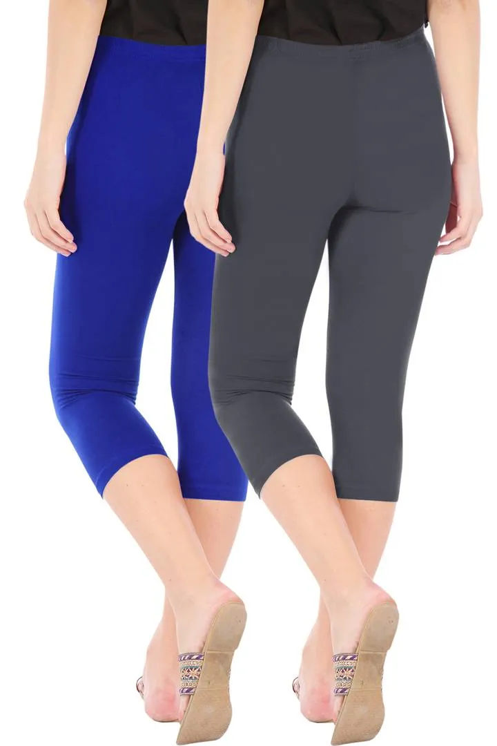 Combo Pack Of 2 Skinny Fit 3/4 Capris Leggings For Women Royal Blue Grey