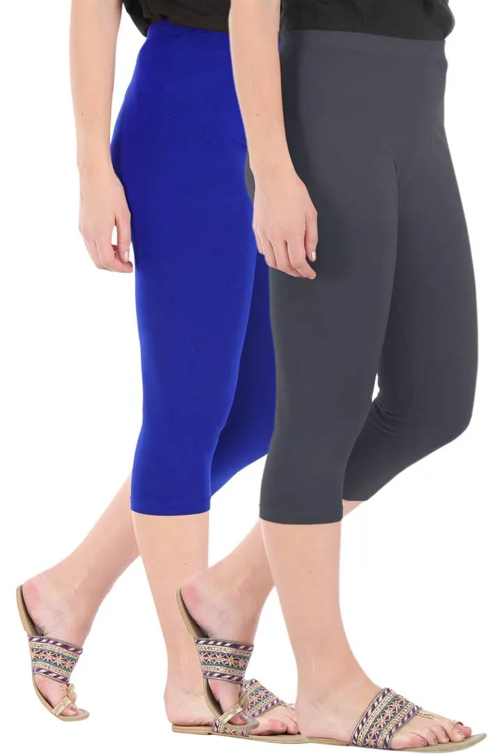 Combo Pack Of 2 Skinny Fit 3/4 Capris Leggings For Women Royal Blue Grey